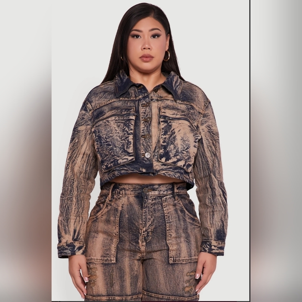 Plus Size Acid Antique Wash Button Front Long Sleeve Denim Jacket - denim